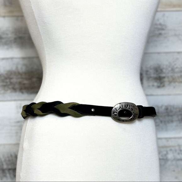 Anthropologie Vintage Black Suede Belt Green Braided Size S M Silver Buckle - Picture 2 of 8